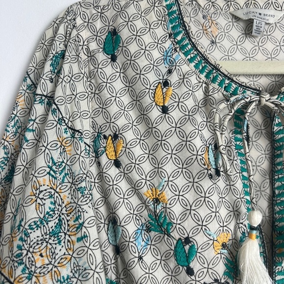 Lucky Brand Evelyn Embroidered Peasant Bohemian Tassel Balloon Sleeve Top Sz L - Picture 8 of 12